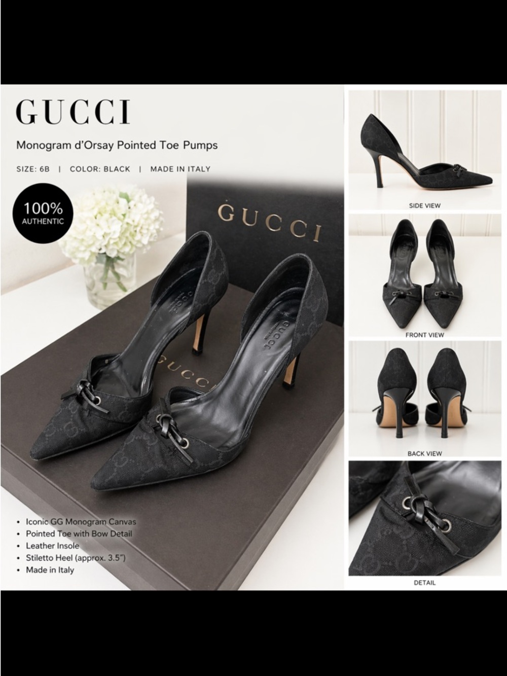 Vintage Gucci GG Monogram D’Orsay Heels Black Canvas Bow Pointed Toe Pumps 6 box